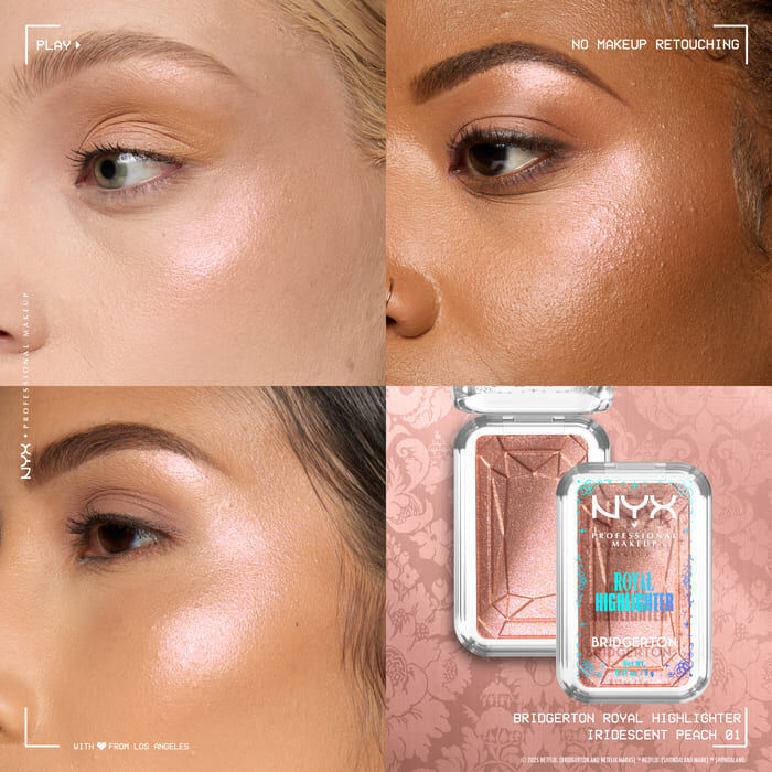 "Griglia di 4 primi piani: modelle con diverse tonalita di pelle indossano l'illuminante NYX Professional Makeup Bridgerton Royal sugli zigomi, mostrando luminosita. Inclusa immagine dell'illuminante aperto (tonalita 01 Iridescent Peach).