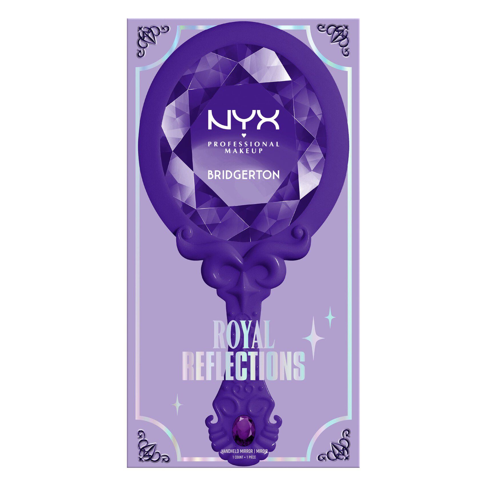 NYX Professional Makeup Bridgerton Royal Reflections Handheld Mirror mostrato di fronte alla parte posteriore della sua confezione esterna, con design viola e dettagli del prodotto su uno sfondo bianco.