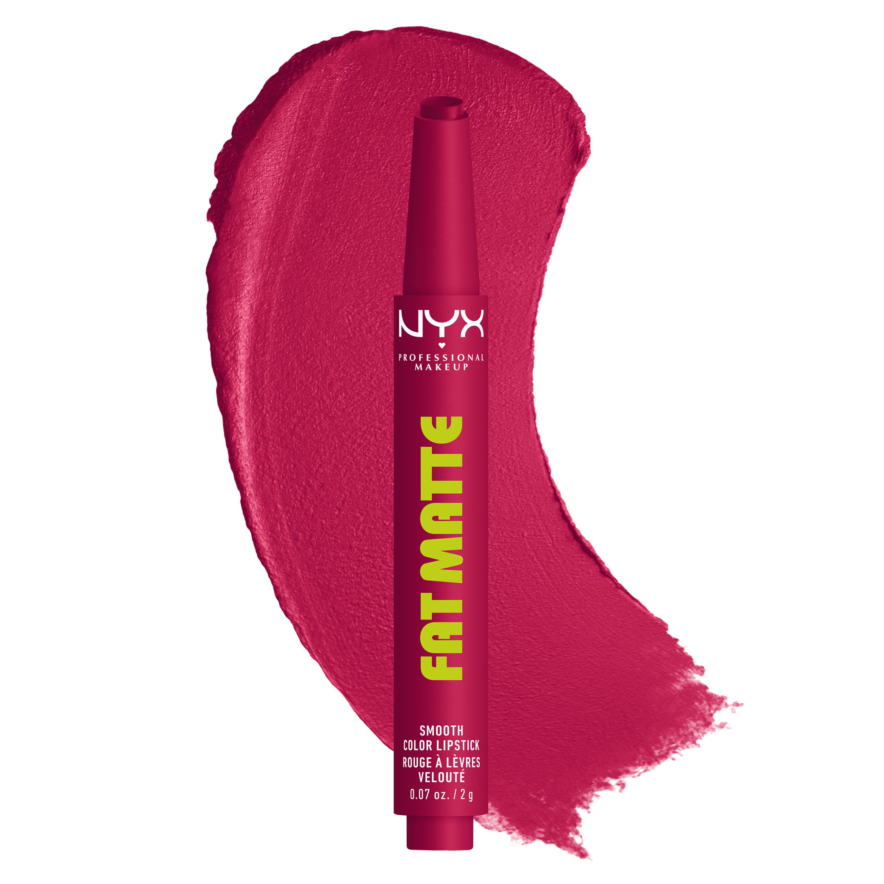 Packshot del rossetto NYX Professional Makeup Fat Matte Smooth Color con uno swatch texturizzato dietro il prodotto nella tonalita 14 Hibiscus Hug
