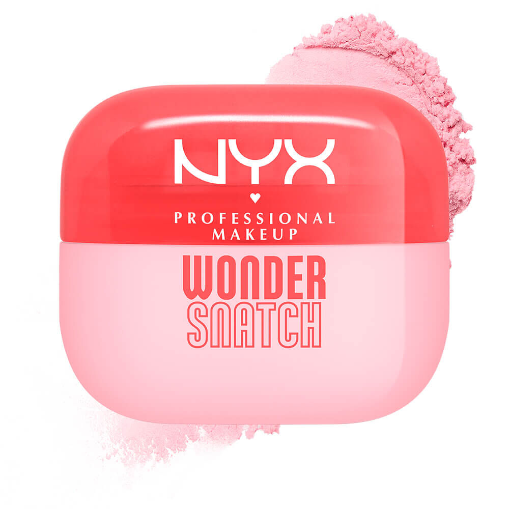 Confezione di cipria in polvere libera NYX Professional Makeup Wonder Snatch, con tappo rosso corallo e base beige, circondata da polvere chiara.