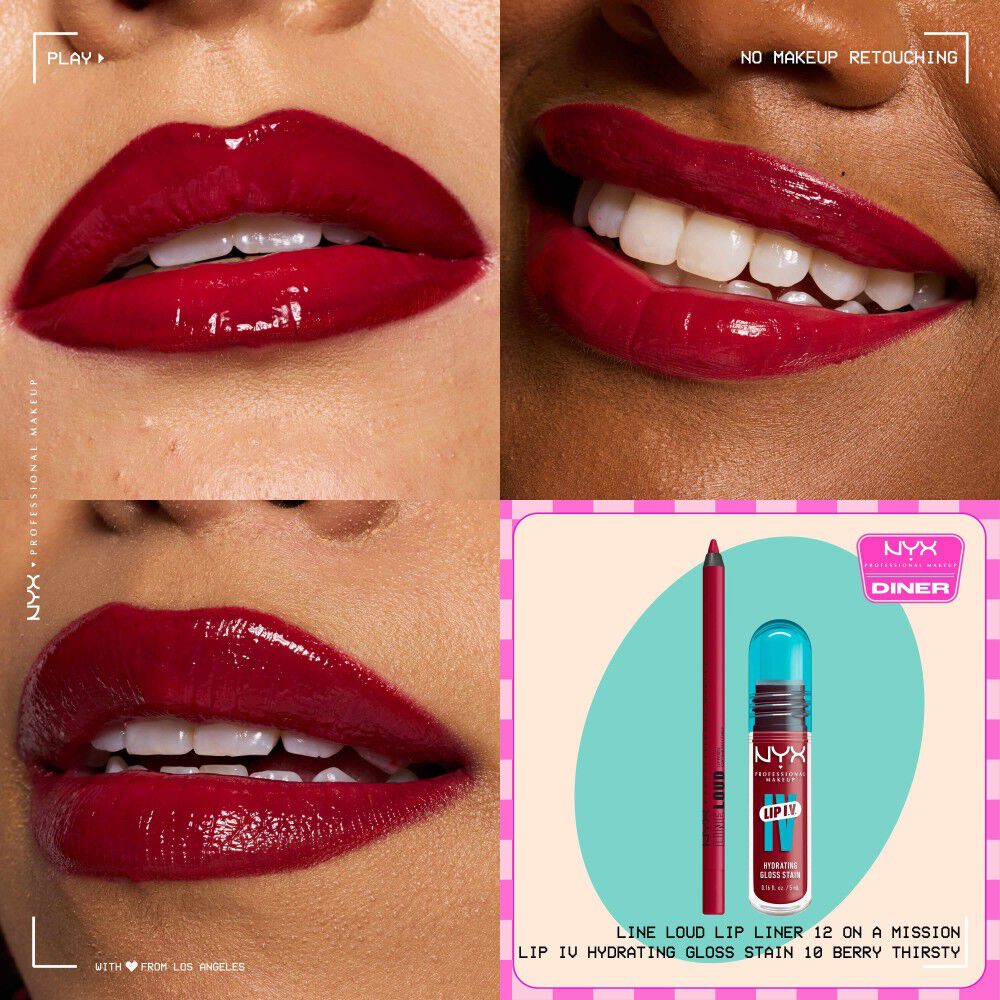 NYX Professional Makeup Line Loud Lip Liner nella tonalita 12 On A Mission e Lip I.V. Hydrating Lip Gloss Stain mostrati su tre primi piani di labbra con un piccolo packshot del duo di prodotti.