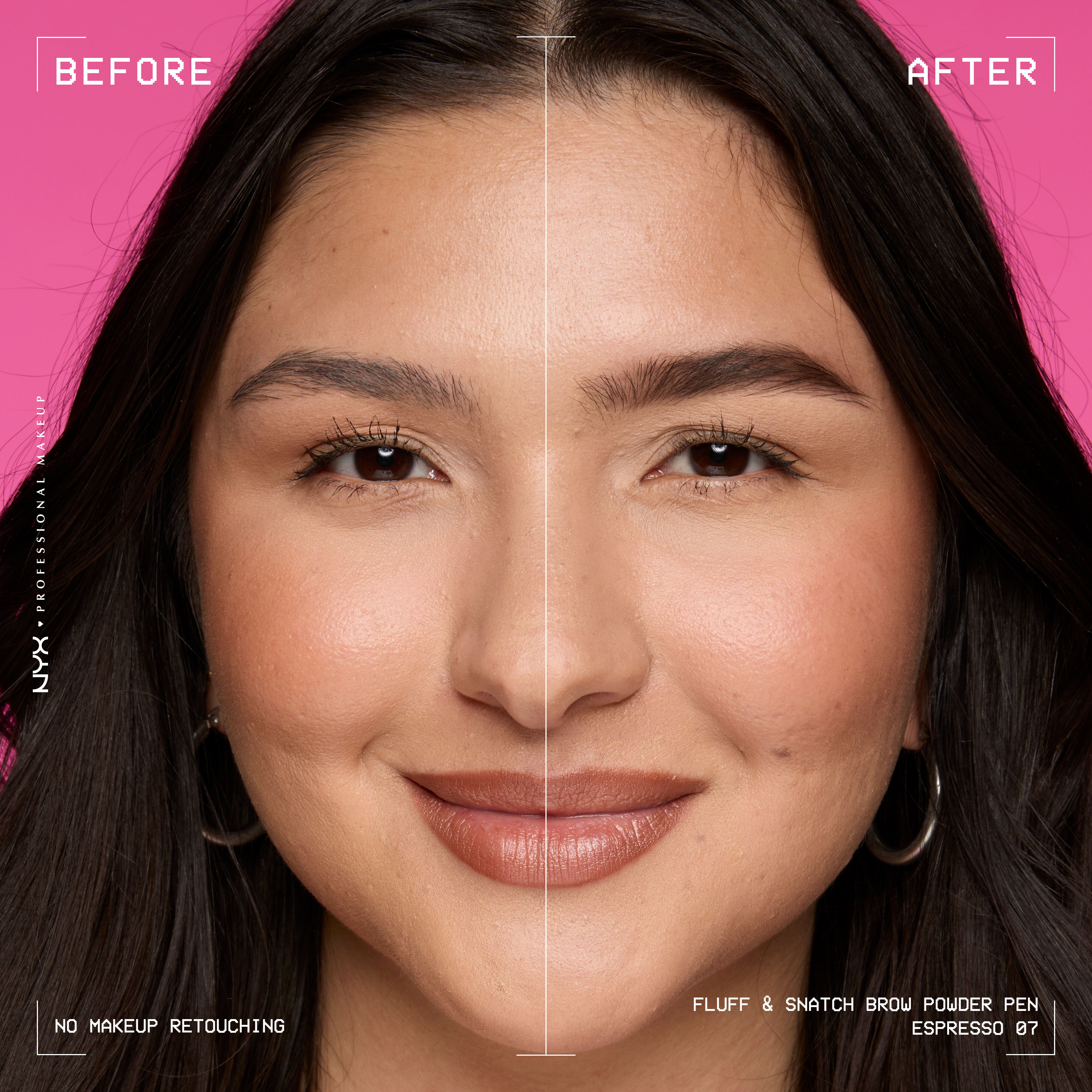 Modella mostrata prima e dopo l'utilizzo della penna per sopracciglia in polvere NYX Fluff and Snatch su sfondo rosa nella tonalita 07 Espesso