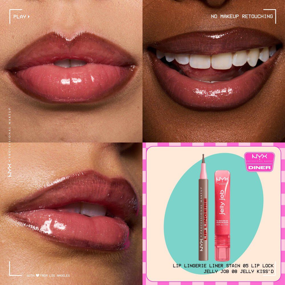 NYX Professional Makeup Lip Lingerie Lip Liner Stain nella tonalita 05 Lip Lock e Jelly Job Full Bodied Shine Gloss nella tonalita 08 Jelly Kiss’d, mostrati su tre primi piani di labbra con un piccolo packshot del duo di prodotti.