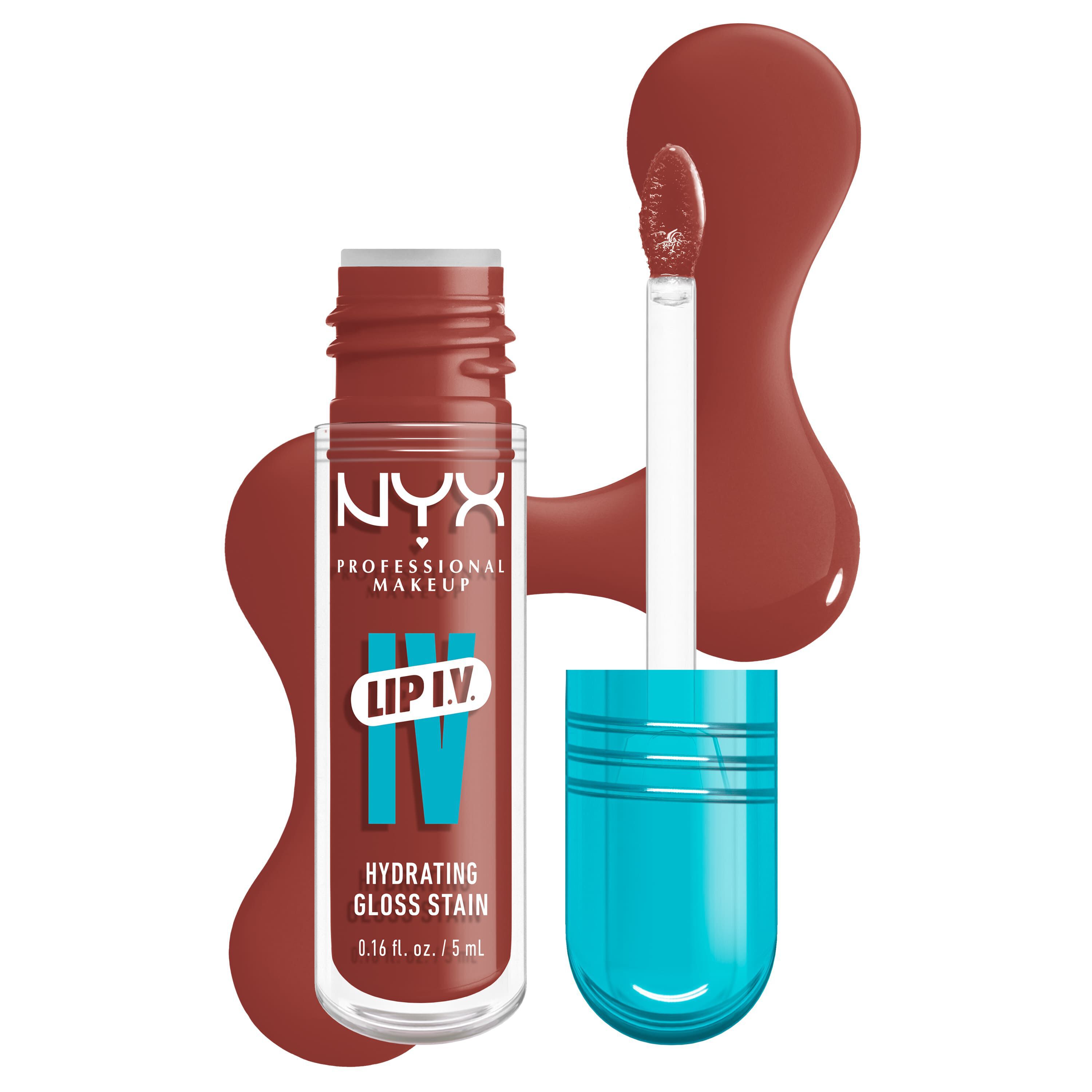 Packshot della tinta labbra idratante NYX Professional Makeup Lip IV Hydrating Gloss Stain con applicatore e swatch di prodotto su sfondo bianco nella tonalita 18 Drippin' Nude'.