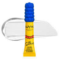 Packshot del gel sopracciglia NYX Professional Makeup The Simpsons Mega Glue con swatch trasparente e packaging giallo su sfondo bianco.