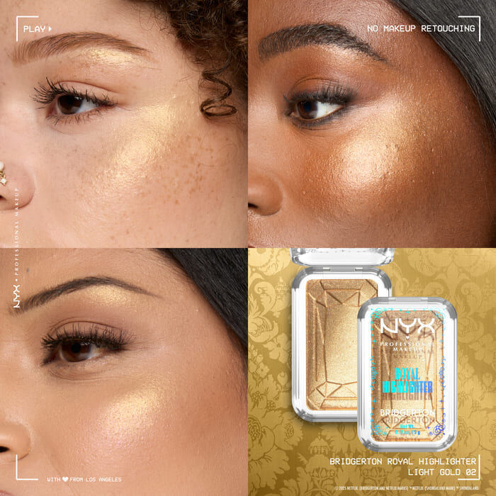Griglia 4 primi piani modelle con illuminante NYX Professional Makeup Bridgerton Royal su zigomi, mostrando luminosita su varie tonalita di pelle. Inclusa piccola immagine illuminante aperto (02 Light Gold).