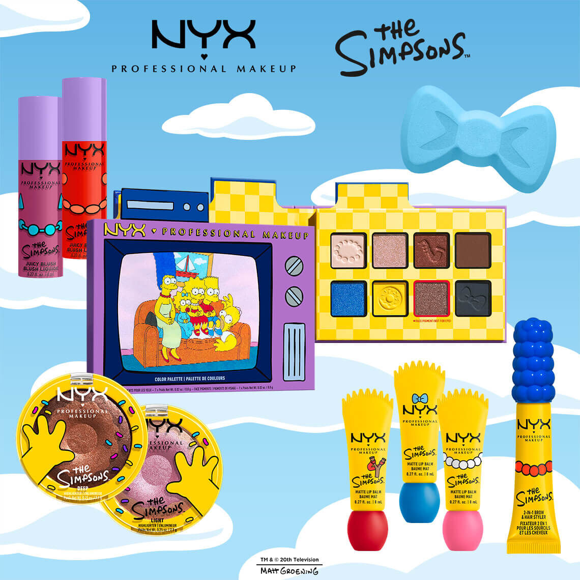 Collezione NYX Professional Makeup The Simpsons con blush in stick, illuminanti, palette di ombretti, balsami labbra, gel per sopracciglia, e spugnetta blu su cielo azzurro con nuvole.