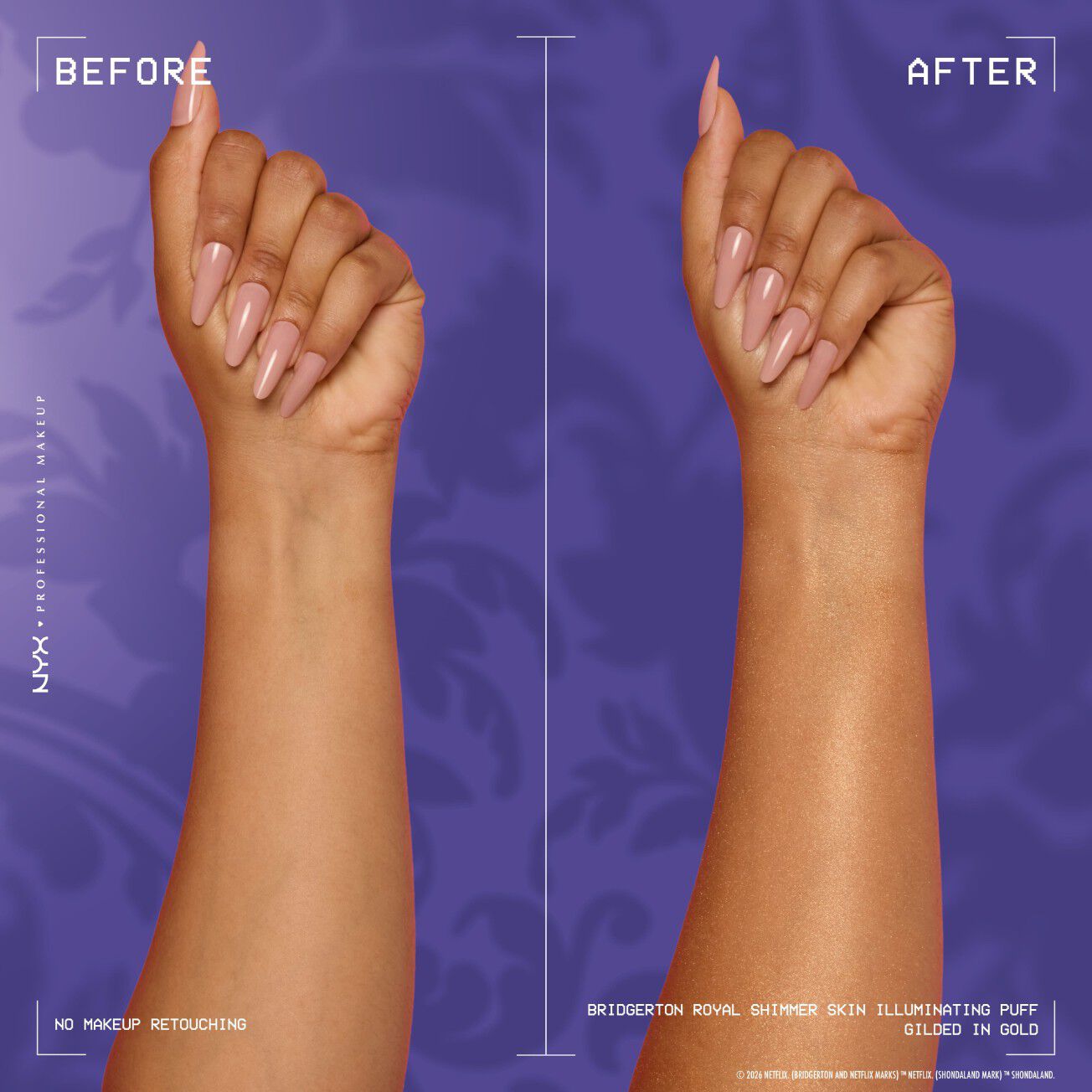 Prima e dopo di due avambracci che mostrano i risultati della cipria illuminante NYX Professional Makeup Bridgerton Royal Shimmer Skin Puff, visualizzati su uno sfondo viola.