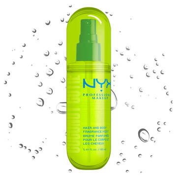 Spray profumato capelli e corpo NYX Professional Makeup Coconut Cutie in un flacone spray verde neon su sfondo chiaro con goccioline d'acqua.