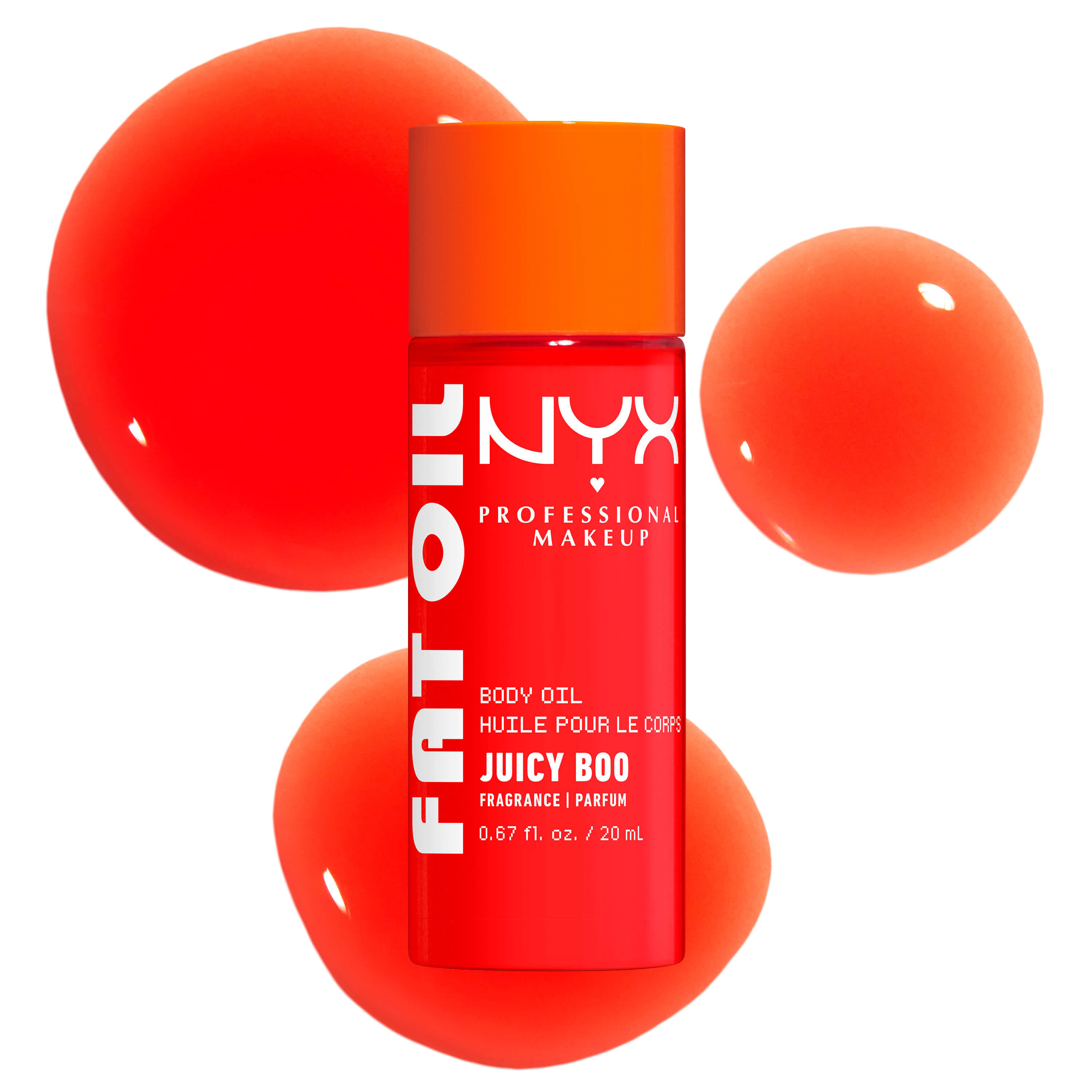 lio corpo NYX Professional Makeup Fat Oil nella variante Juicy Boo, mostrato in un flacone color corallo acceso con campioni di texture arancione brillante su sfondo chiaro.