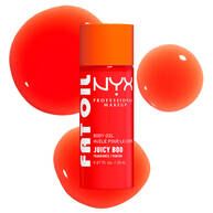 lio corpo NYX Professional Makeup Fat Oil nella variante Juicy Boo, mostrato in un flacone color corallo acceso con campioni di texture arancione brillante su sfondo chiaro.