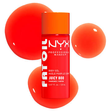 lio corpo NYX Professional Makeup Fat Oil nella variante Juicy Boo, mostrato in un flacone color corallo acceso con campioni di texture arancione brillante su sfondo chiaro.