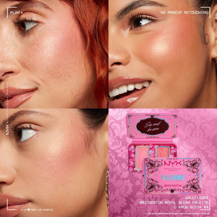 Griglia di quattro primi piani: modelle con diverse tonalita di pelle che indossano il NYX Professional Makeup Bridgerton Blush Duo, mostrando le tonalita sulla pelle. La palette di blush aperta e mostrata sotto nella tonalita 01 Wallflower.