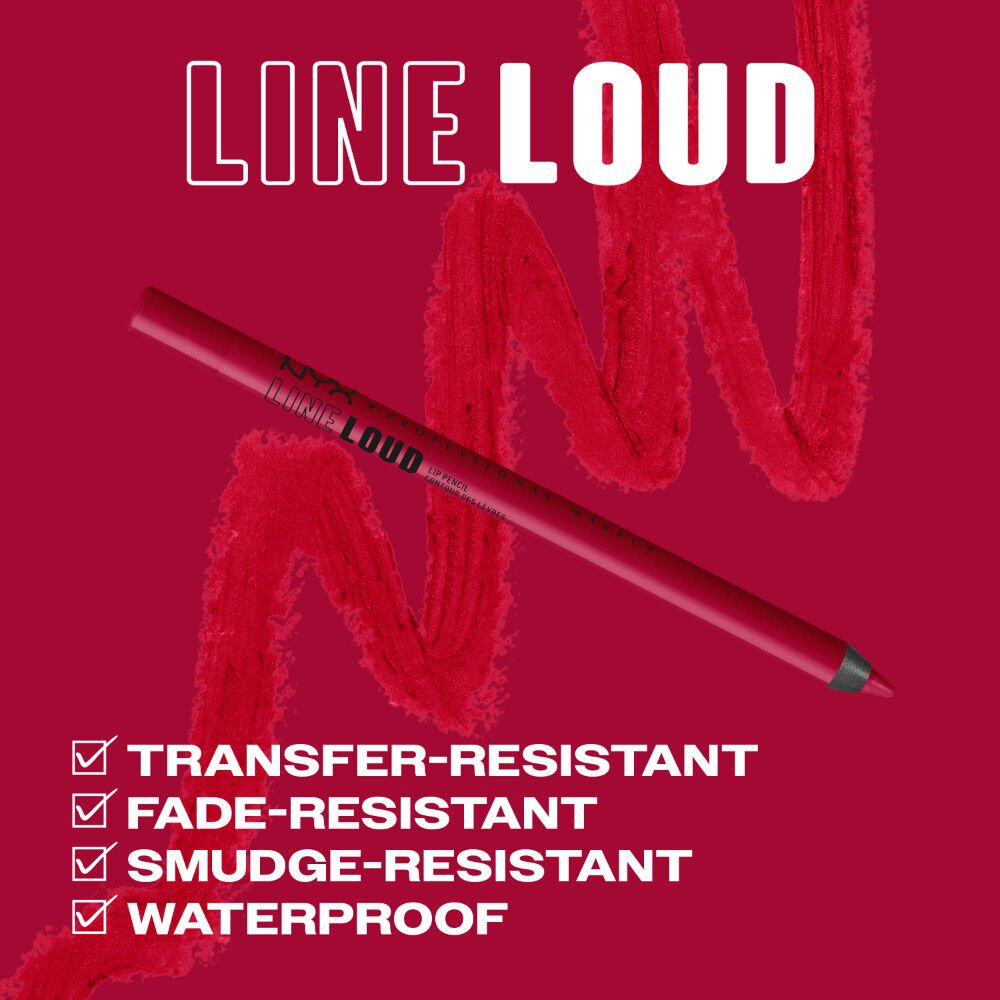 NYX Professional Makeup Line Loud Lip Liner nella tonalita 12 On A Mission mostrato con benefici no-transfer, a prova di sbiadimento, a prova di sbavature e waterproof.