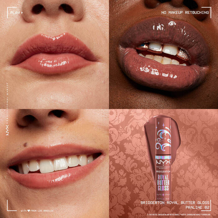 Quattro primi piani di labbra di modelle che mostrano i NYX PMU Bridgerton Royal Butter Gloss in varie tonalita e su incarnati diversi, esaltando il finish lucido e idratante. Immagine del tubetto gloss nella tonalita 02 Praline.