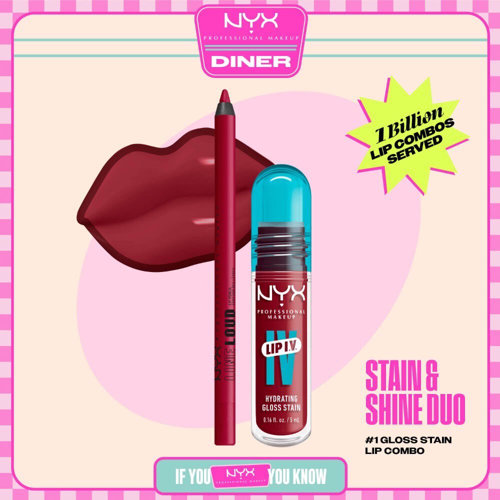 NYX Professional Makeup Line Loud Lip Liner nella tonalita 12 On A Mission e Lip I.V. Hydrating Lip Gloss Stain mostrati in un packshot stilizzato con grafica di labbra e packaging del prodotto.