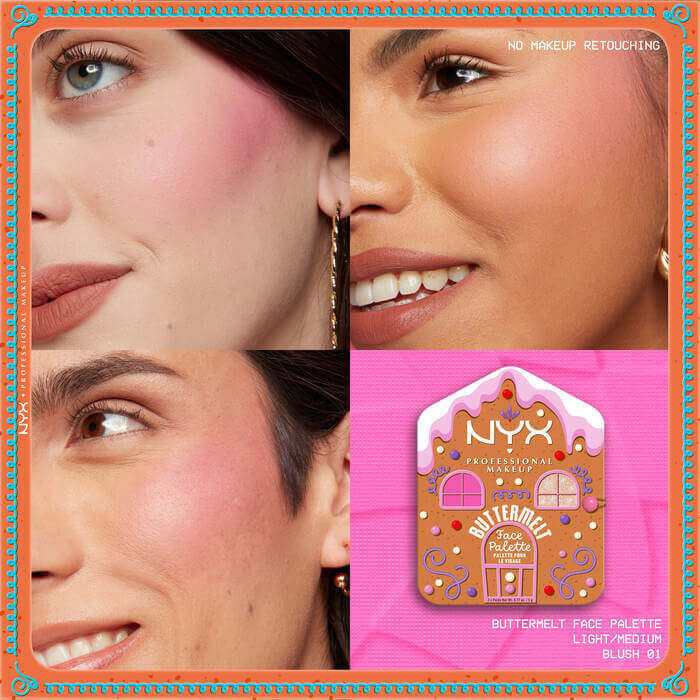 Presenta una griglia di quattro immagini ravvicinate di modelle che indossano blush/illuminante, insieme a un’immagine della "Buttermelt Face Palette" nella tonalita indicata.