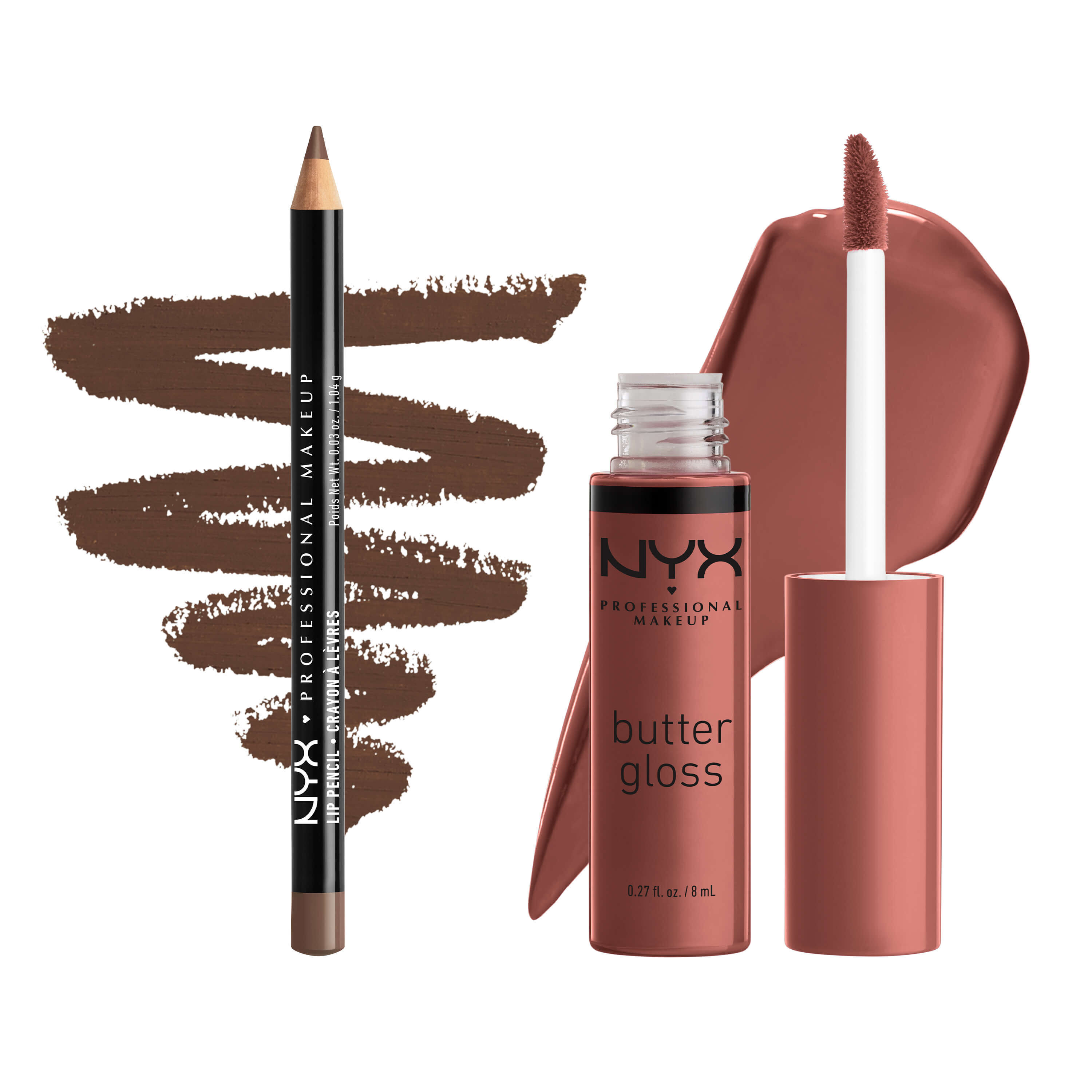 NYX Professional Makeup Slim Lip Pencil nella tonalita 820 Espresso e Butter Gloss nella tonalita 16 Praline mostrati con swatches labbra abbinati su uno sfondo bianco.
