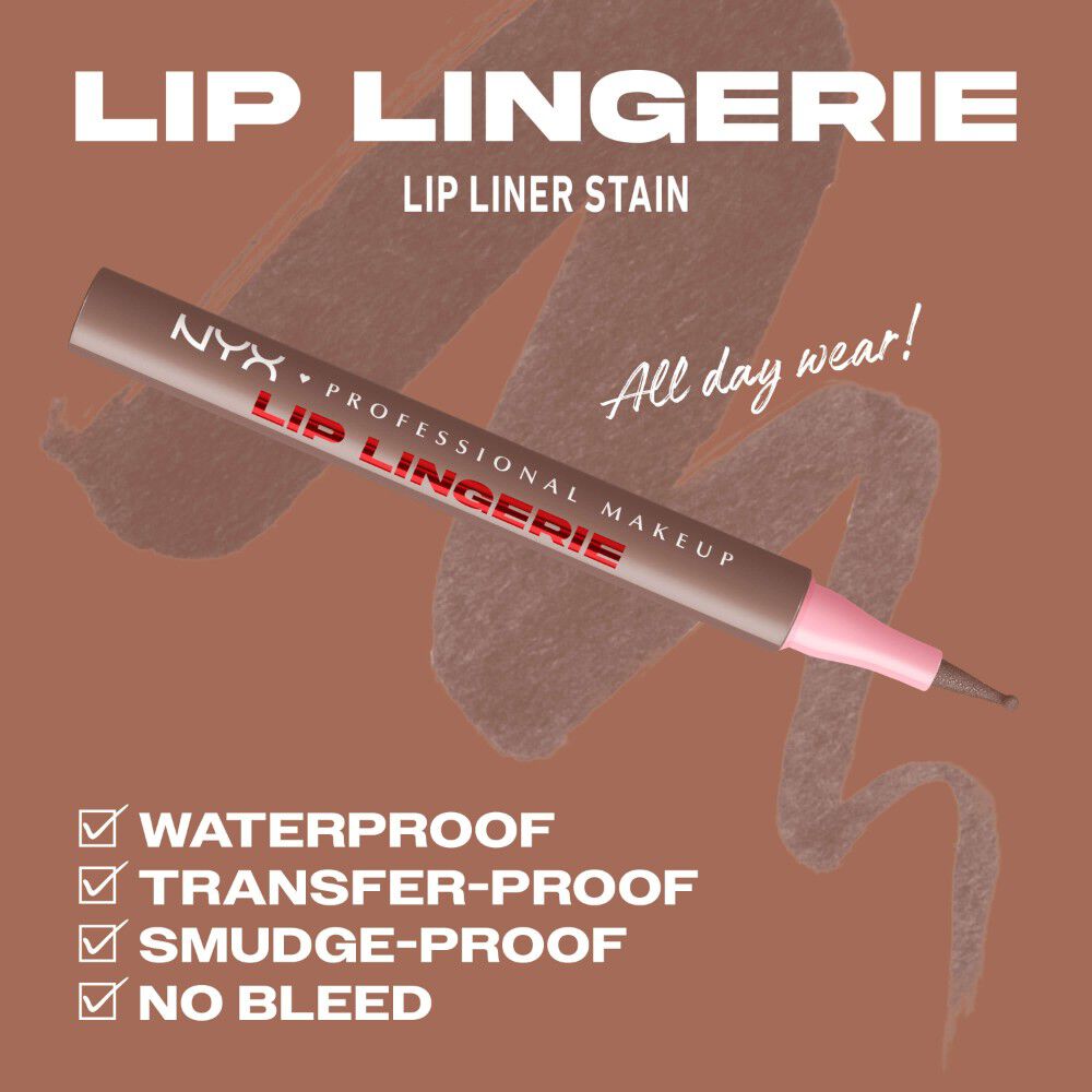 NYX Professional Makeup Lip Lingerie Lip Liner Stain nella tonalita 05 Lip Lock mostrato con i benefici waterproof, no-transfer, a prova di sbavature e senza colature su uno sfondo tortora.