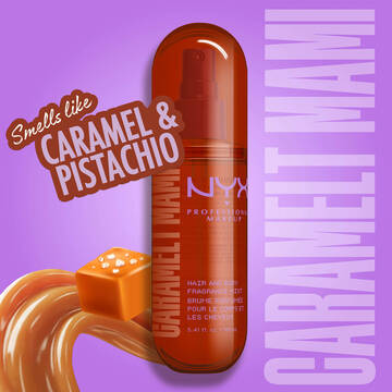 Spray profumato capelli e corpo NYX Professional Makeup Caramelt Mami, contenuto nel kit labbra e corpo, mostrato su uno sfondo grafico vivace con focus sulla fragranza al caramello e pistacchio.