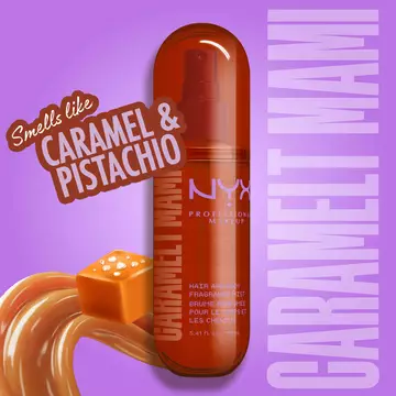 Spray profumato capelli e corpo NYX Professional Makeup Caramelt Mami, contenuto nel kit labbra e corpo, mostrato su uno sfondo grafico vivace con focus sulla fragranza al caramello e pistacchio.