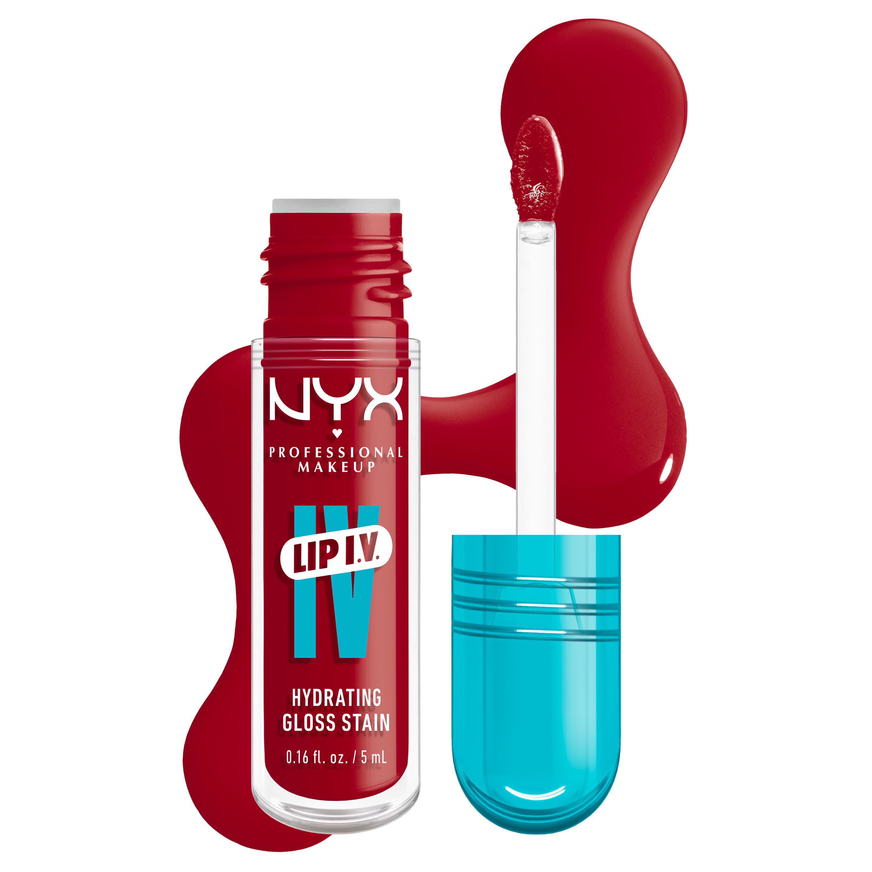 Packshot della tinta labbra idratante NYX Professional Makeup Lip IV Hydrating Gloss Stain con applicatore e swatch di prodotto su sfondo bianco nella tonalita 22 Cherry Drenched'.