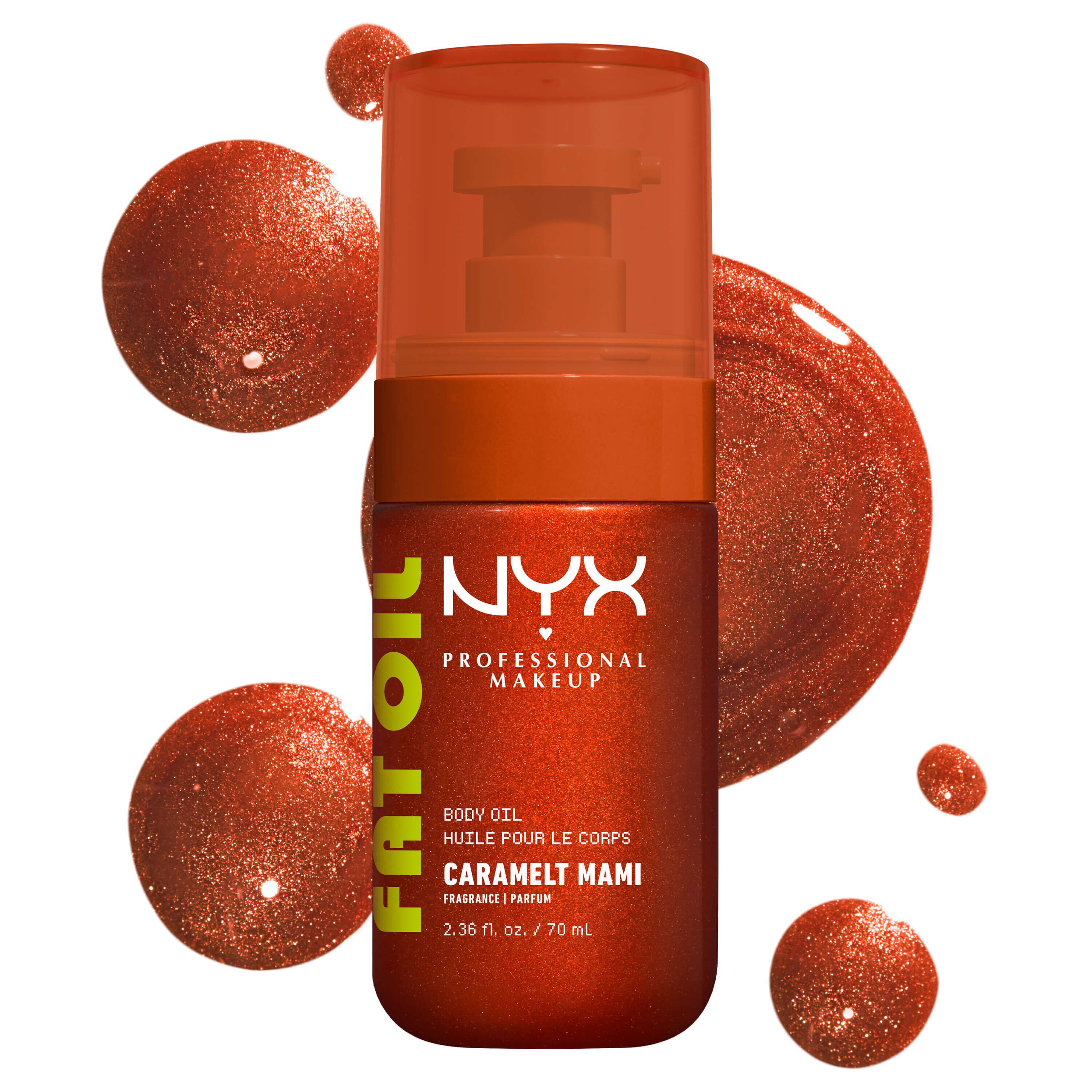 Olio corpo NYX Professional Makeup Fat Oil (Caramelt Mami) in flacone con erogatore a pressione bronzo metallizzato, centrato su uno sfondo chiaro con campioni di olio bronzo scintillante sul retro.