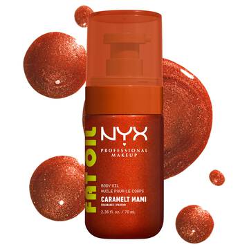 Olio corpo NYX Professional Makeup Fat Oil (Caramelt Mami) in flacone con erogatore a pressione bronzo metallizzato, centrato su uno sfondo chiaro con campioni di olio bronzo scintillante sul retro.