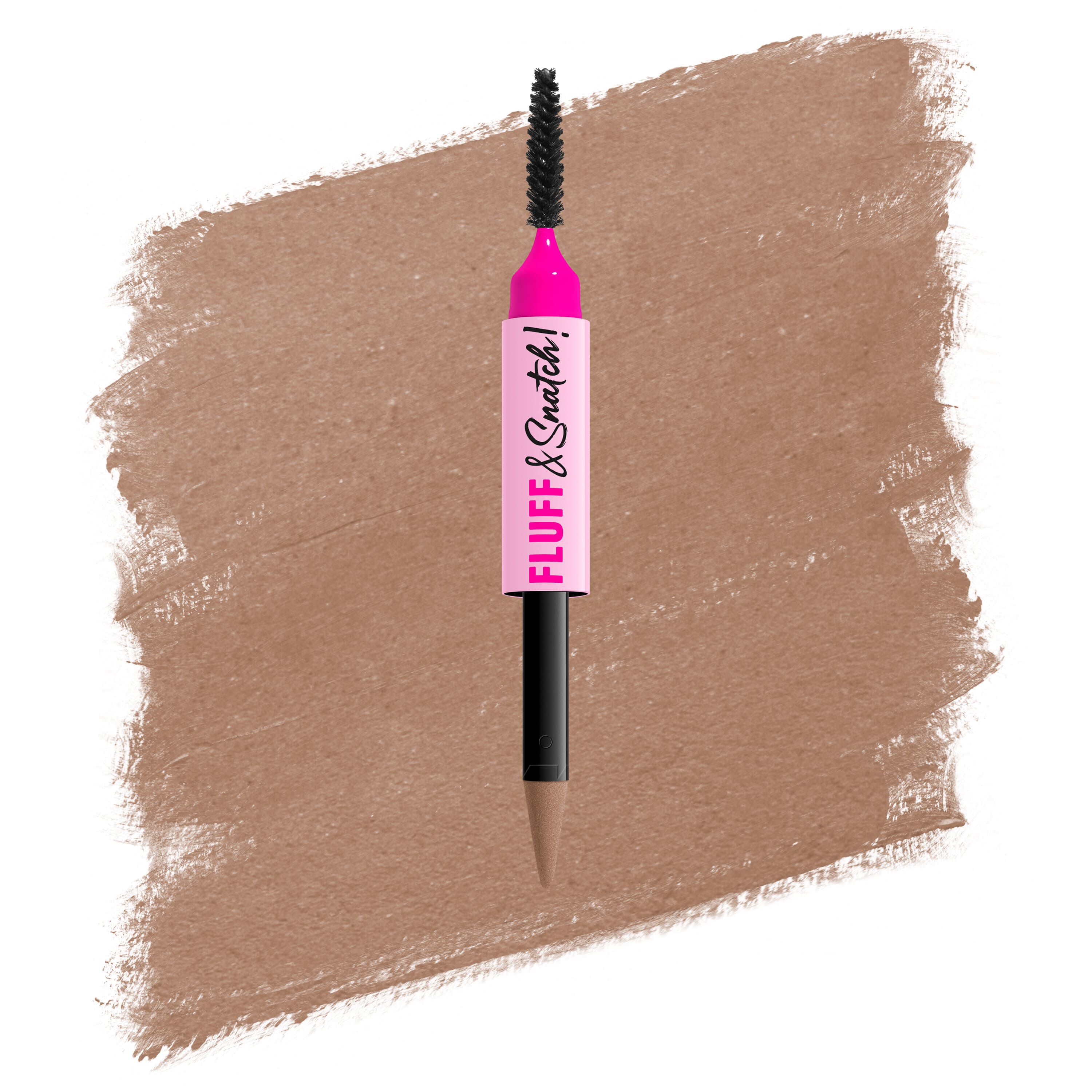 Packshot della penna per sopracciglia in polvere NYX Fluff and Snatch con swatch su sfondo bianco nella tonalita 01 Ash Blonde