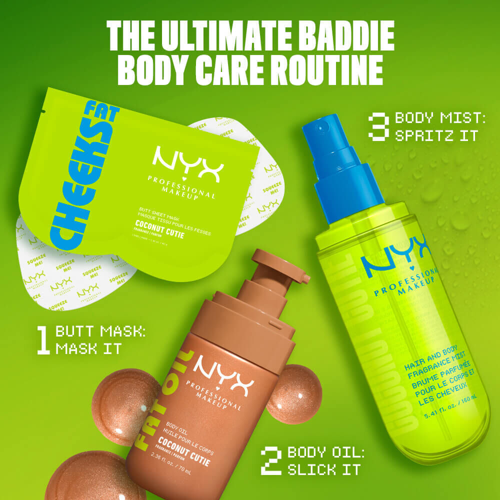 Routine corpo NYX Professional Makeup Coconut Cutie con maschera glutei Fat Cheek Butt Mask, olio corpo Fat Oil e spray profumato capelli e corpo su sfondo verde.