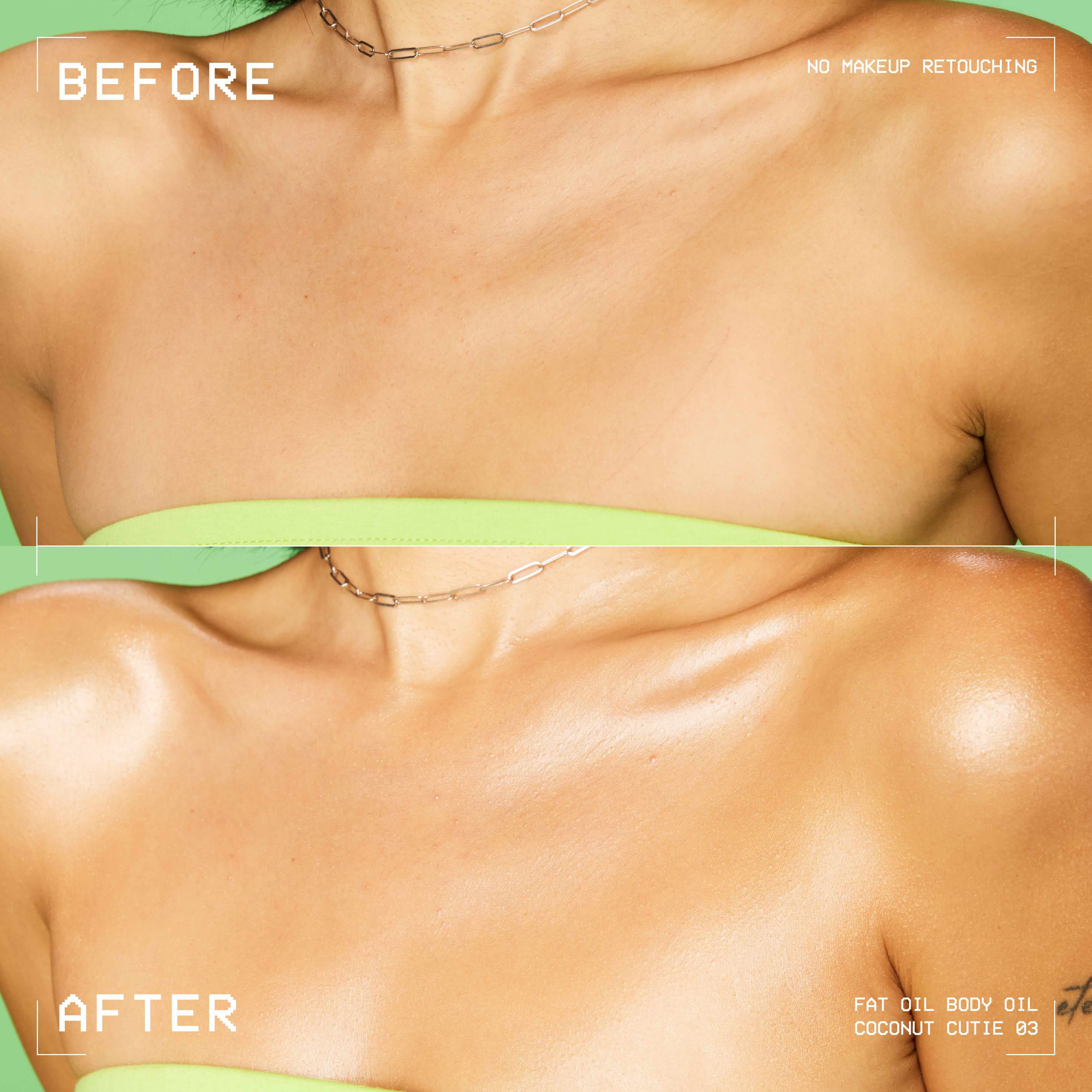Confronto prima e dopo su clavicole e decollete con l'olio corpo NYX Professional Makeup Fat Oil (Coconut Cutie); mostra un finish della pelle piu radioso, dorato e luminoso dopo l'applicazione.