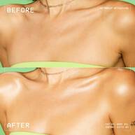 Confronto prima e dopo su clavicole e decollete con l'olio corpo NYX Professional Makeup Fat Oil (Coconut Cutie); mostra un finish della pelle piu radioso, dorato e luminoso dopo l'applicazione.
