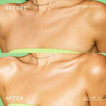Confronto prima e dopo su clavicole e decollete con l'olio corpo NYX Professional Makeup Fat Oil (Coconut Cutie); mostra un finish della pelle piu radioso, dorato e luminoso dopo l'applicazione.