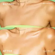 Confronto prima e dopo su clavicole e decollete con l'olio corpo NYX Professional Makeup Fat Oil (Coconut Cutie); mostra un finish della pelle piu radioso, dorato e luminoso dopo l'applicazione.