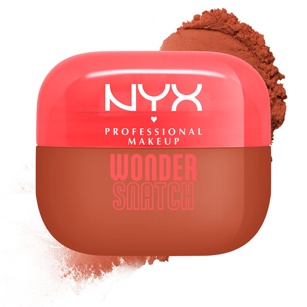 Confezione di cipria in polvere libera NYX Professional Makeup Wonder Snatch, con tappo rosso corallo e base beige, circondata da polvere chiara.