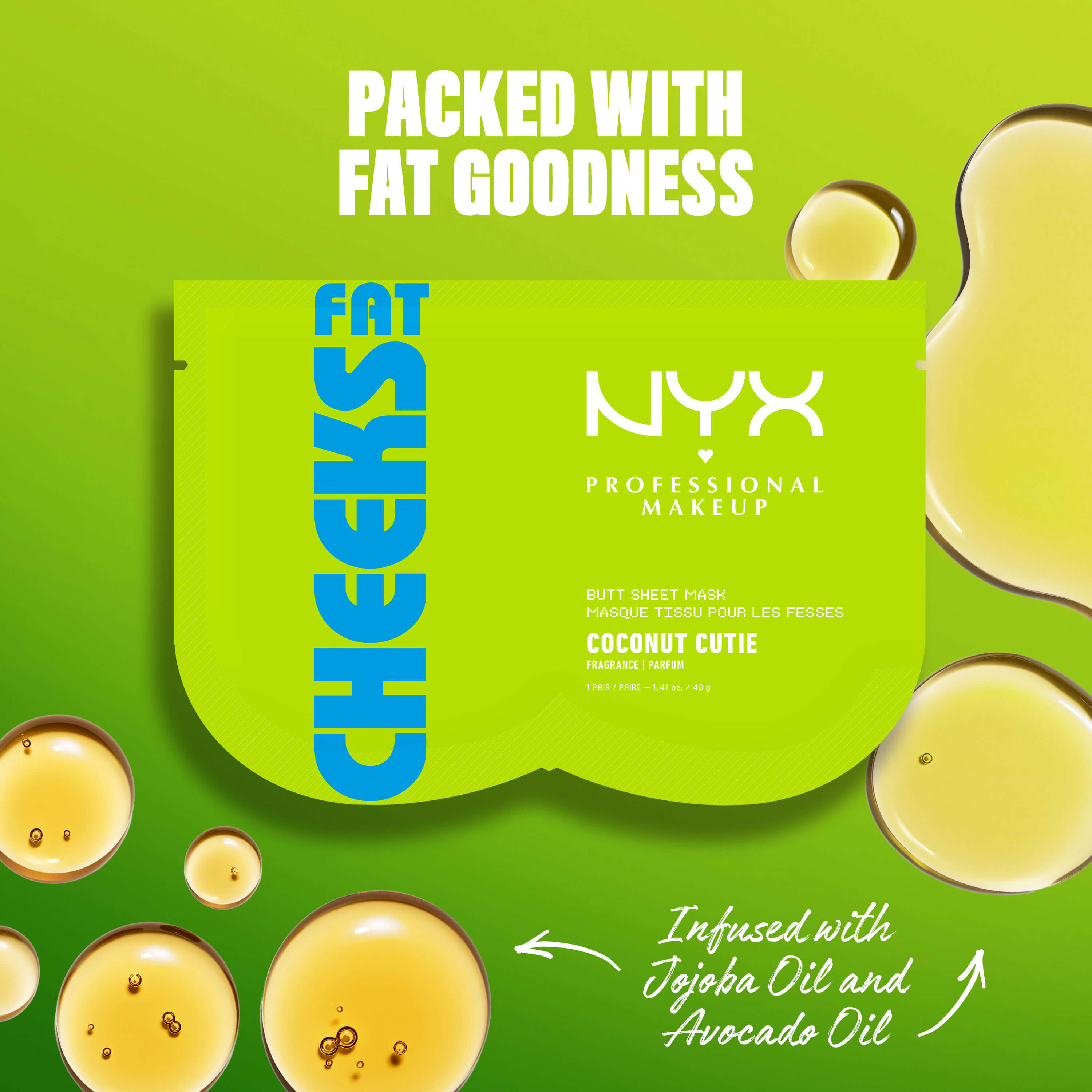 Maschera in tessuto per i glutei NYX Professional Makeup Fat Cheeks (Coconut Cutie) su sfondo verde acceso con goccioline d'olio. Il testo evidenzia una formula ricca di ingredienti nutrienti, infusa con olio di jojoba e olio di avocado.