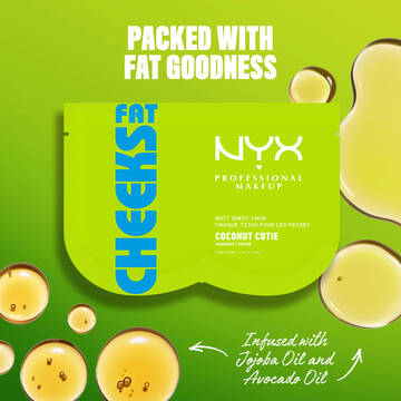 Maschera in tessuto per i glutei NYX Professional Makeup Fat Cheeks (Coconut Cutie) su sfondo verde acceso con goccioline d'olio. Il testo evidenzia una formula ricca di ingredienti nutrienti, infusa con olio di jojoba e olio di avocado.