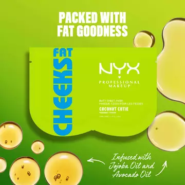 Maschera in tessuto per i glutei NYX Professional Makeup Fat Cheeks (Coconut Cutie) su sfondo verde acceso con goccioline d'olio. Il testo evidenzia una formula ricca di ingredienti nutrienti, infusa con olio di jojoba e olio di avocado.