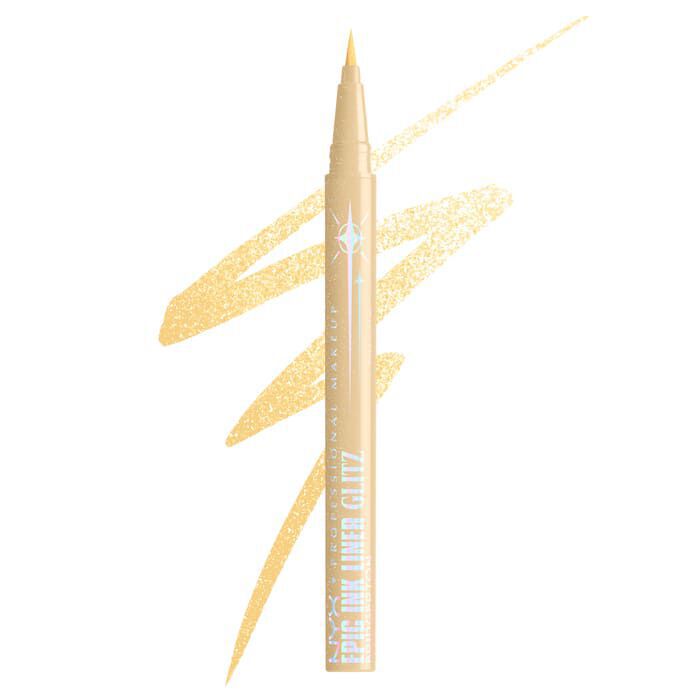 Un eyeliner color oro, posizionato  diagonalmente su sfondo bianco, con uno swatch testurizzato abbinato del prodotto NYX Professional Makeup x Bridgerton Royal Epic Ink Liner Glitz nella tonalita 02 Glitzed In Gold.