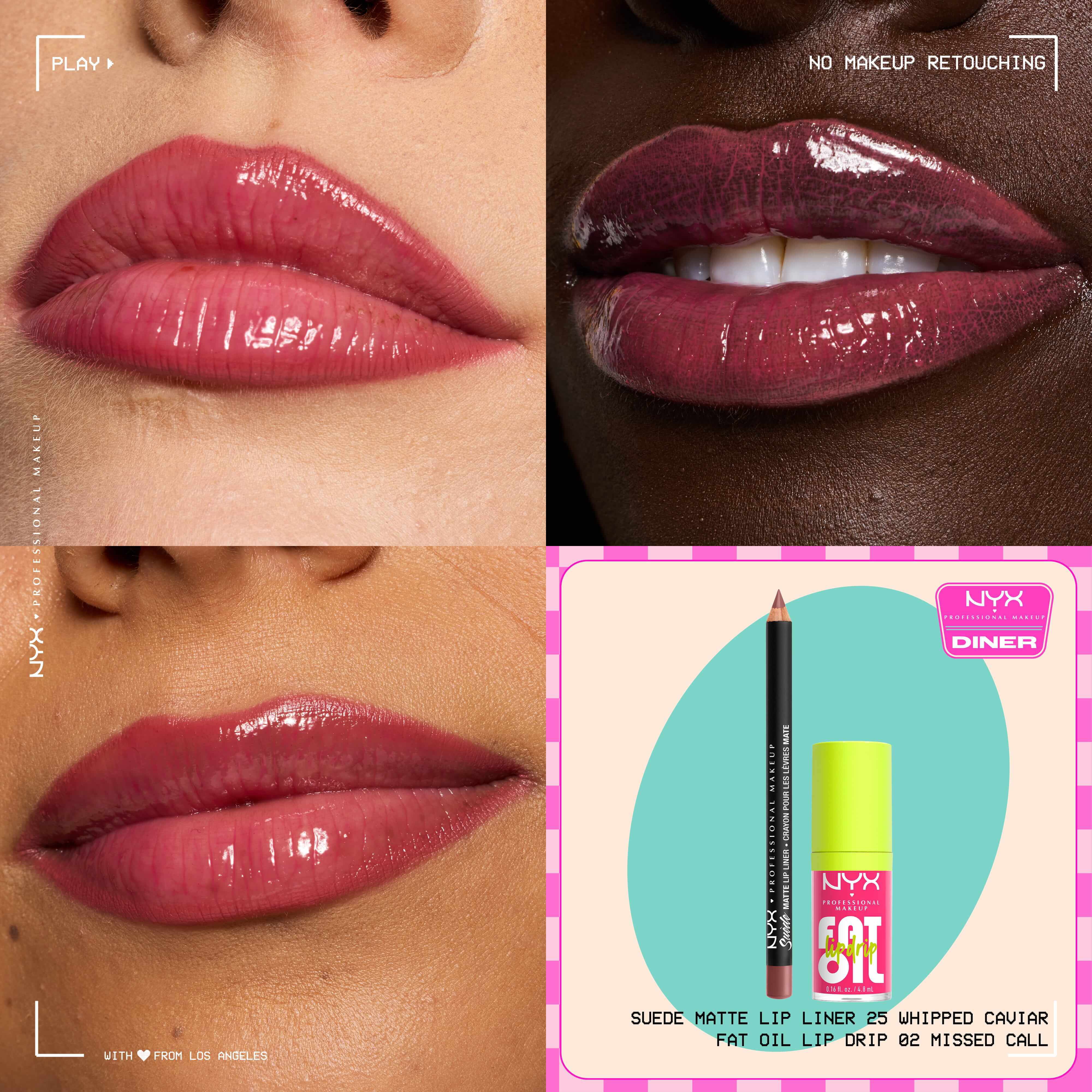 Matita labbra NYX Professional Makeup Suede Matte Lip Liner n. 25 Whipped Caviar e gloss Fat Oil Lip Drip n. 02 Missed Call mostrati su tre primi piani labbra con un piccolo packshot del duo di prodotti.