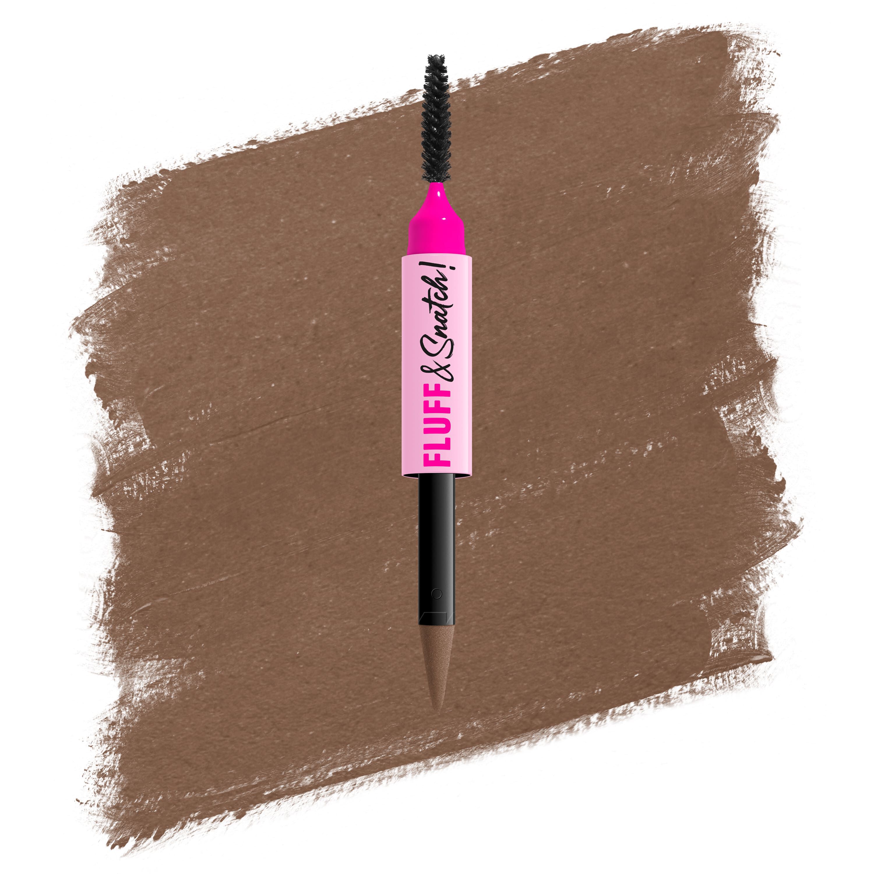 Packshot della penna per sopracciglia in polvere NYX Fluff and Snatch con swatch su sfondo bianco nella tonalita 02 Taupe