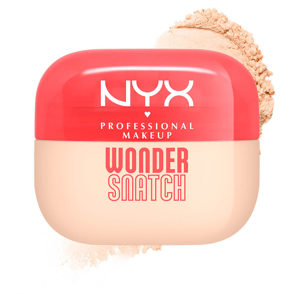 Confezione di cipria in polvere libera NYX Professional Makeup Wonder Snatch, con tappo rosso corallo e base beige, circondata da polvere chiara.