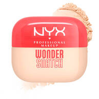 Confezione di cipria in polvere libera NYX Professional Makeup Wonder Snatch, con tappo rosso corallo e base beige, circondata da polvere chiara.