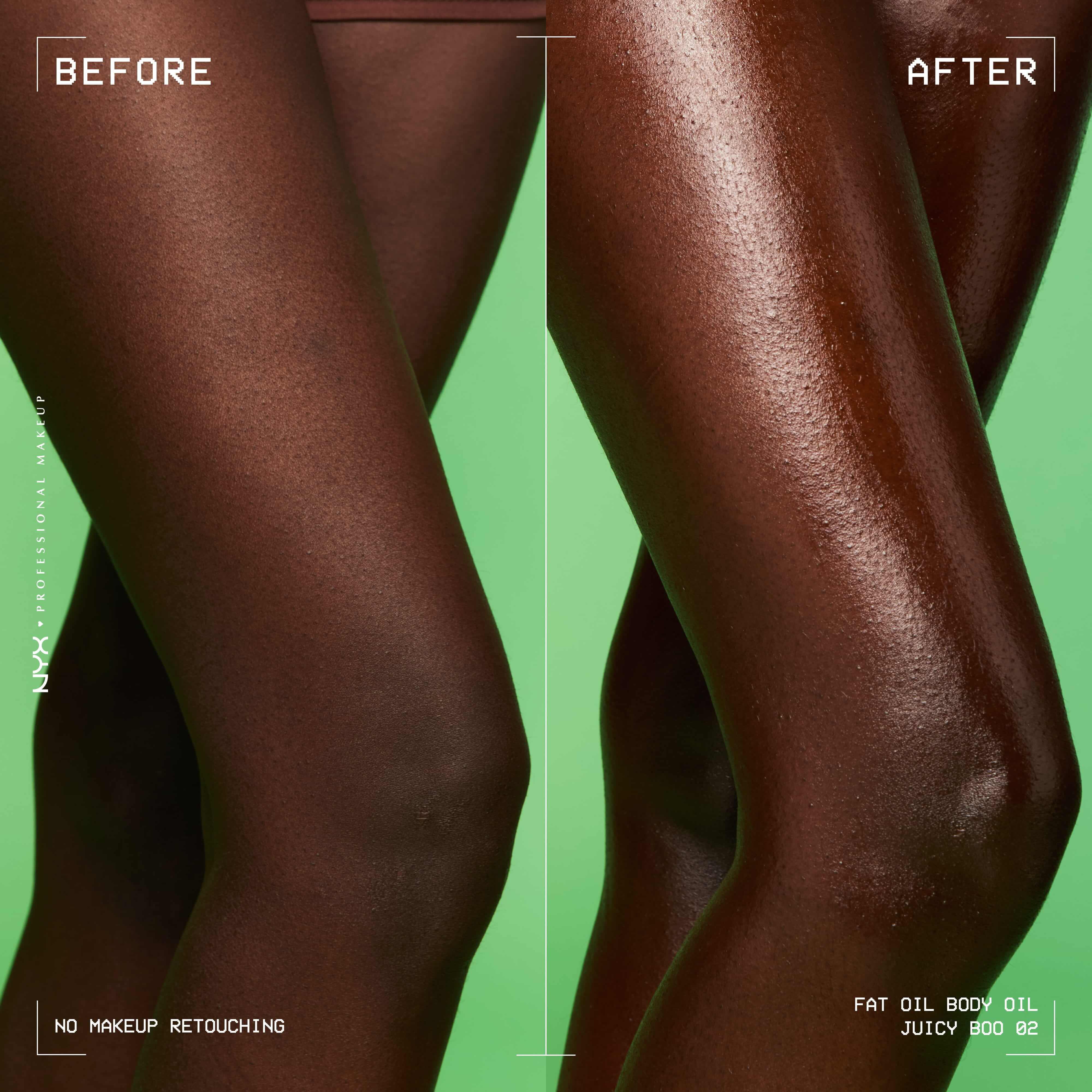 Confronto prima e dopo sulle gambe con l'olio corpo NYX Professional Makeup Fat Oil (Juicy Boo); mostra una pelle piu liscia, radiosa e luminosa dopo l'applicazione.