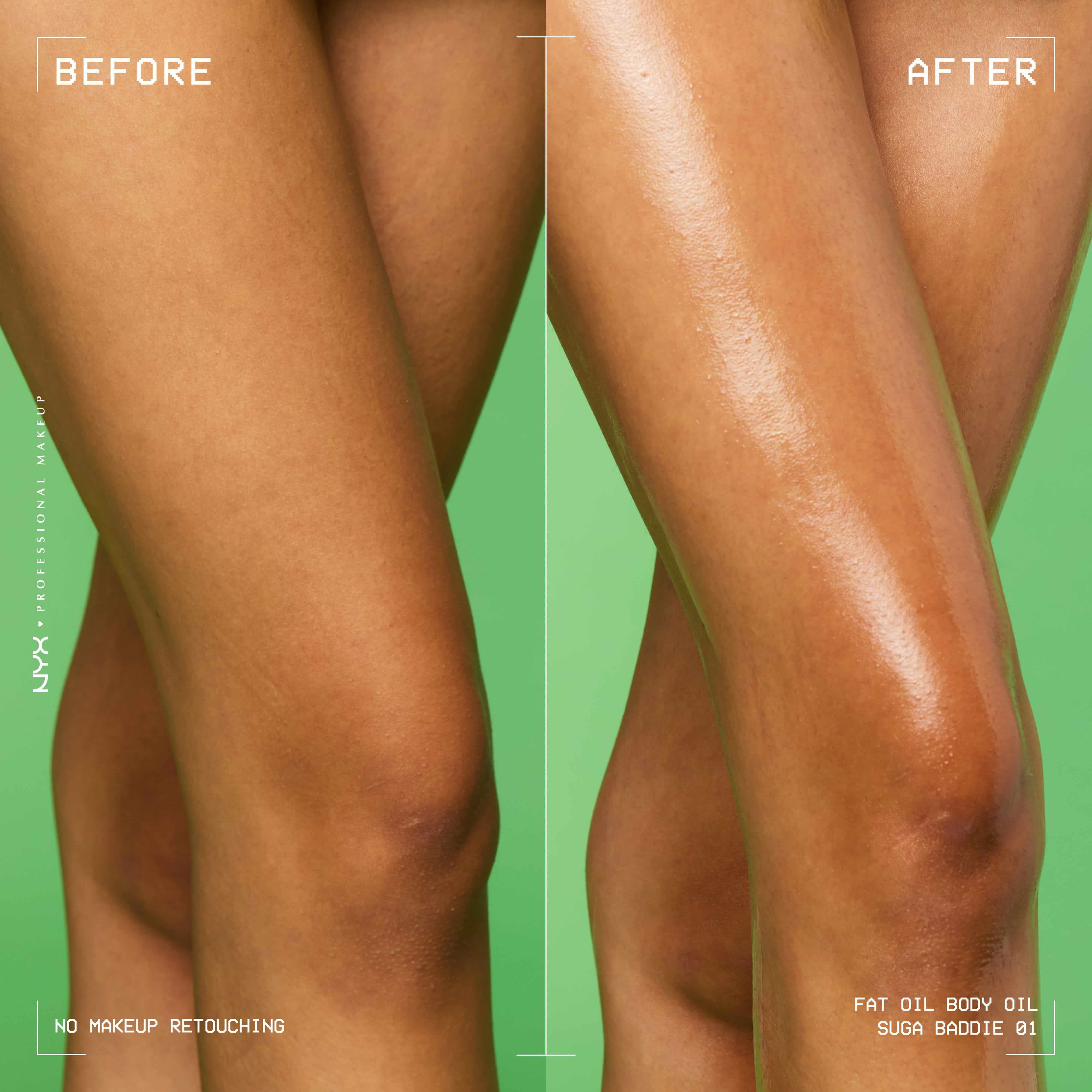 Confronto prima e dopo sulle gambe con l'olio corpo NYX Professional Makeup Fat Oil (Suga Baddie); mostra una pelle dall'aspetto piu liscio, radioso e luminoso dopo l'applicazione.