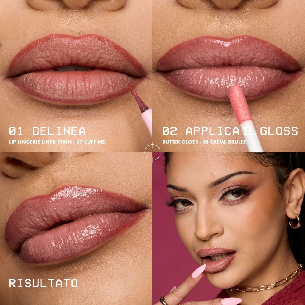 Tutorial NYX Lip Lingerie: contorno labbra con Lip Lingerie '08 After Houts', riempimento con Butter Gloss 'Creme Brulee 05'. Risultato labbra definite e glossate in 2 passi