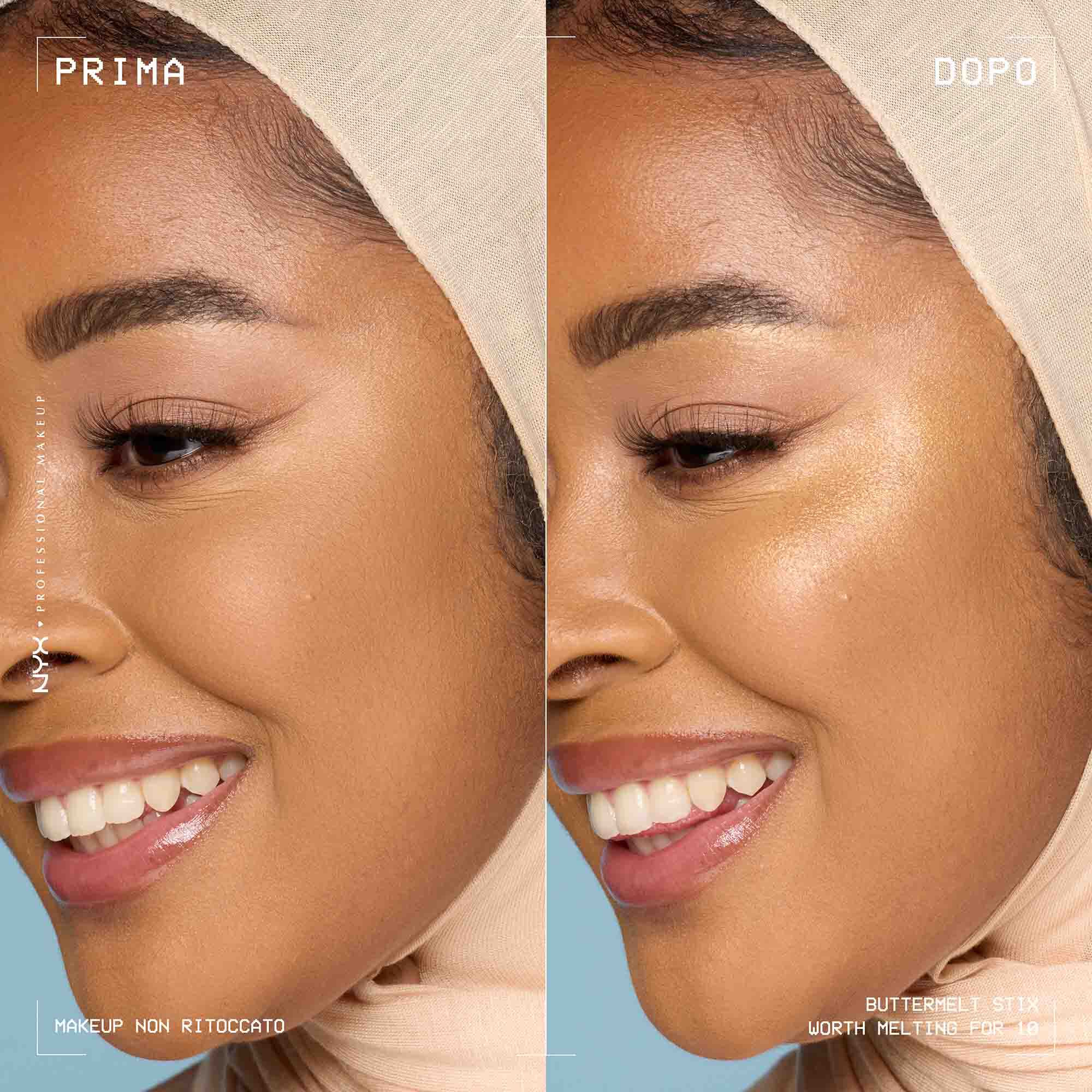 Prima e dopo applicazione dello Stick illuminante Buttermelt Stix Glow Boosting di Nyx Professional Makeup