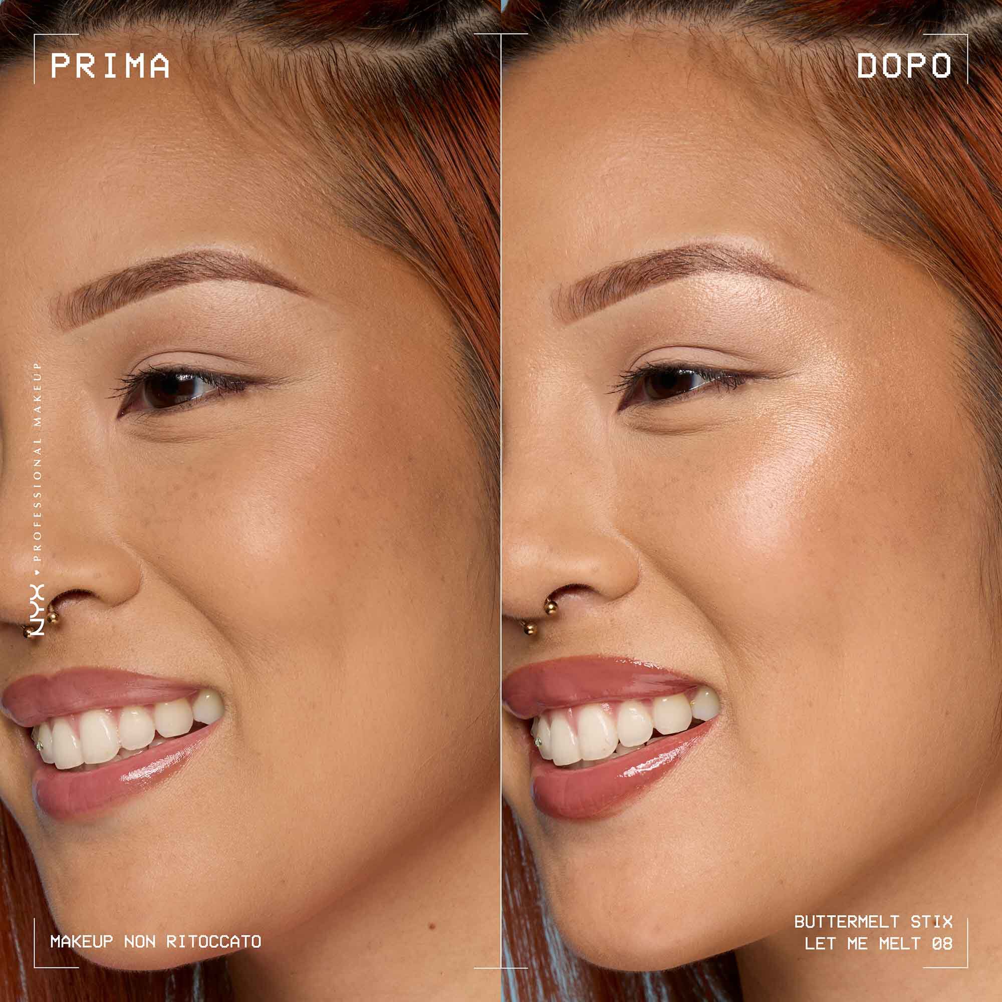 Prima e dopo applicazione dello Stick illuminante Buttermelt Stix Glow Boosting di Nyx Professional Makeup