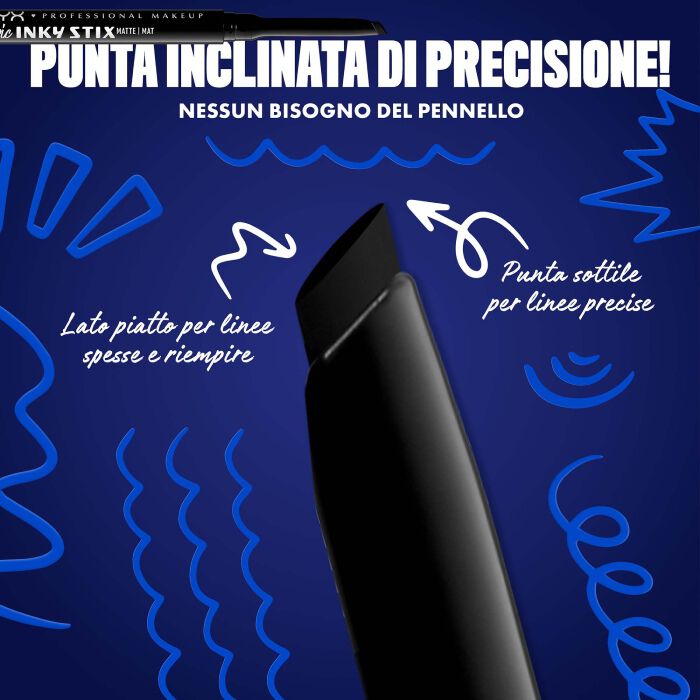 Blue-themed NYX graphic highlighting the slanted tip of an eyeliner pen. Arrows explain how to use the flat edge for wings and the top edge for precise lines. Text: "Ultra precise slanted tip! No angled brush needed." in shade 01 Black Screen