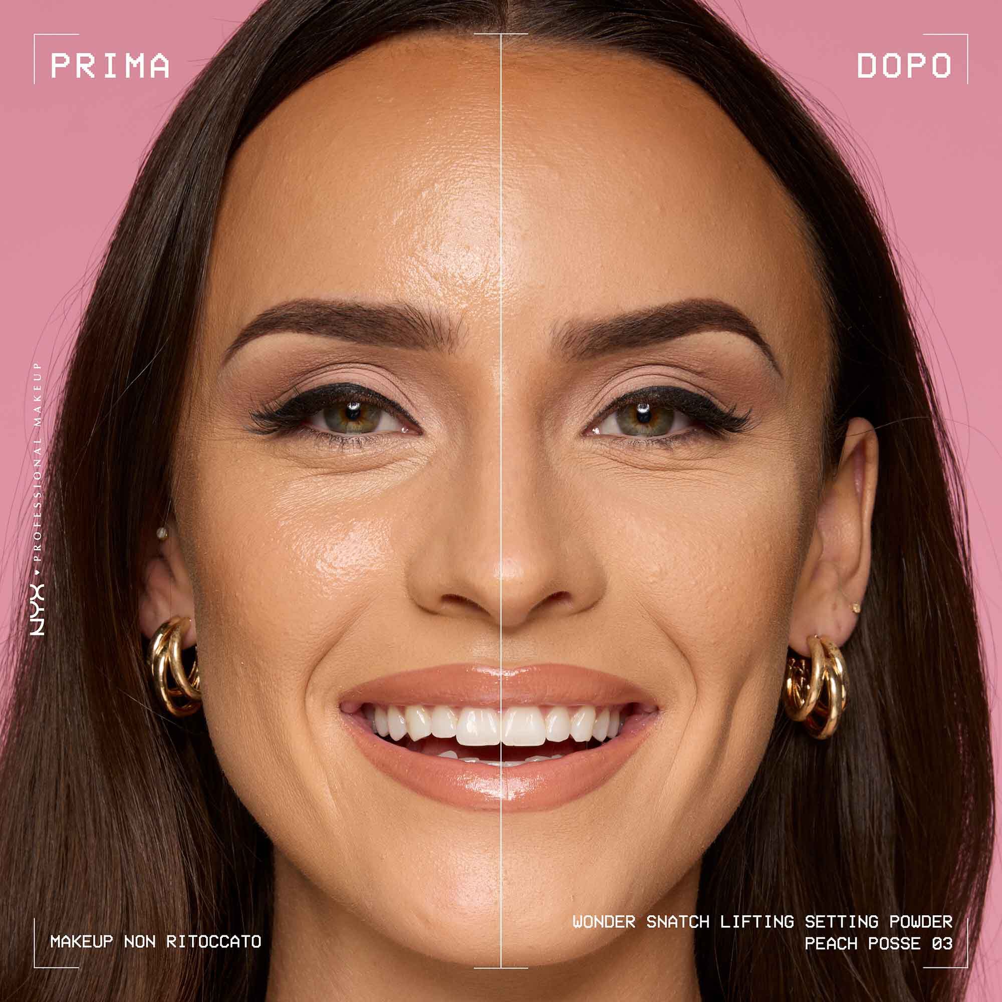 Prima e dopo dell'applicazione della cipria fissante NYX Professional Makeup Wonder Snatch. La pelle risulta piu levigata e luminosa.
